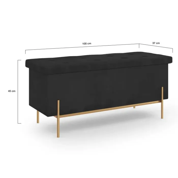 Banc de rangement velours noir avec pieds métal doré 100 cm