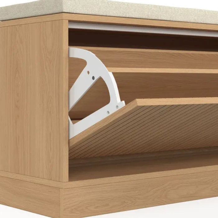 Banc d'entrée chaussures lattes tasseau bois coloris chêne