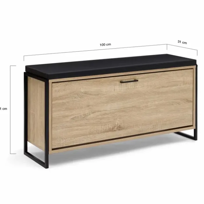 Banc d'entrée industriel avec coussin et rangement chaussures 100 cm