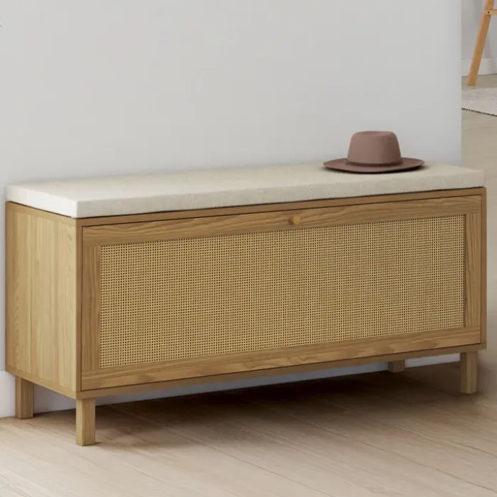 Banc d'entrée vintage avec rangement chaussures effet cannage naturel