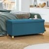 Banquette rangement tissu bleu canard en lin