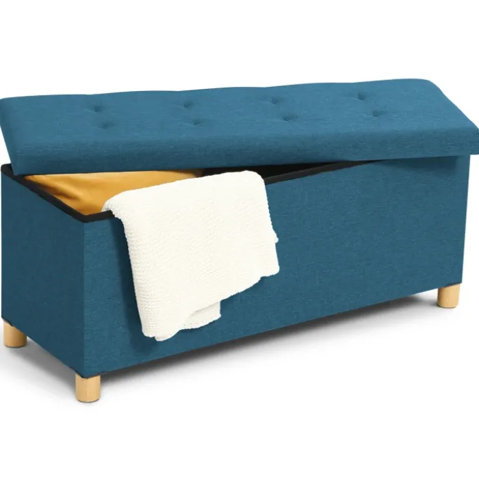 Banquette rangement tissu bleu canard en lin