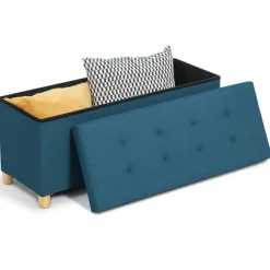 Banquette rangement tissu bleu canard en lin