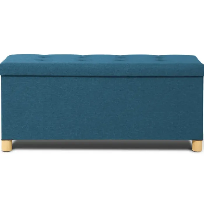 Banquette rangement tissu bleu canard en lin