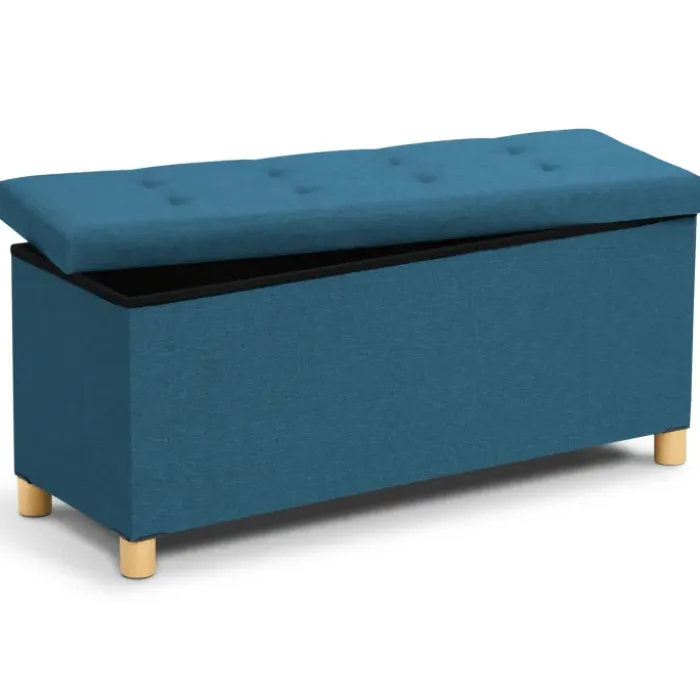 Banquette rangement tissu bleu canard en lin