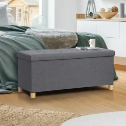 Banquette rangement tissu gris en lin