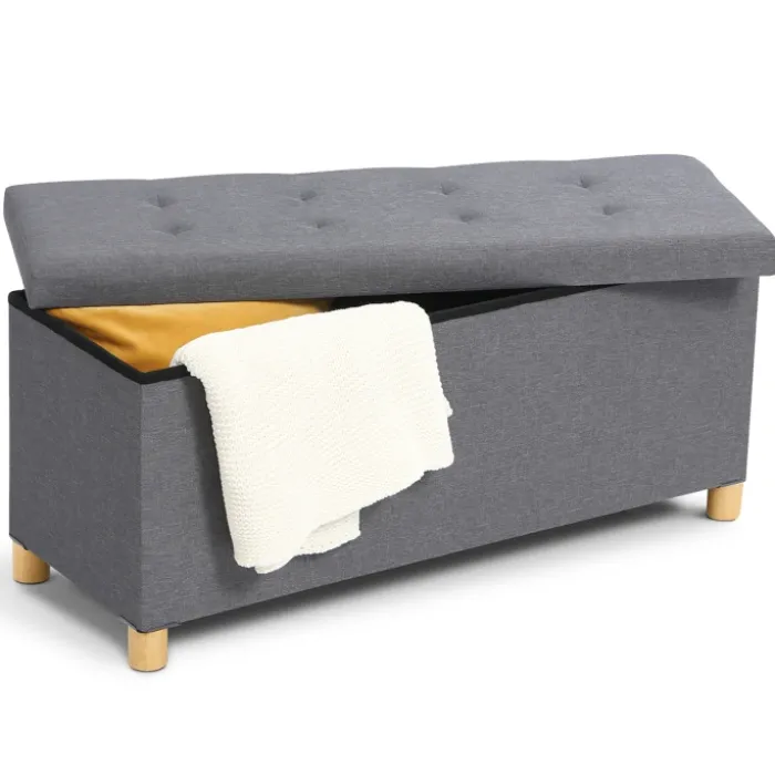 Banquette rangement tissu gris en lin