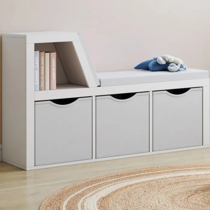 Bibliothèque banc blanche bacs en tissu