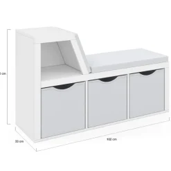 Bibliothèque banc blanche bacs en tissu