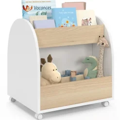 Bibliothèque enfant sur roulettes hêtre et blanc