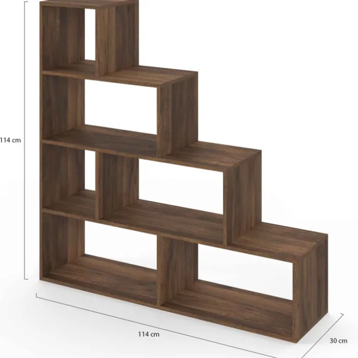 Bibliothèque escalier bois effet noyer 6 cases
