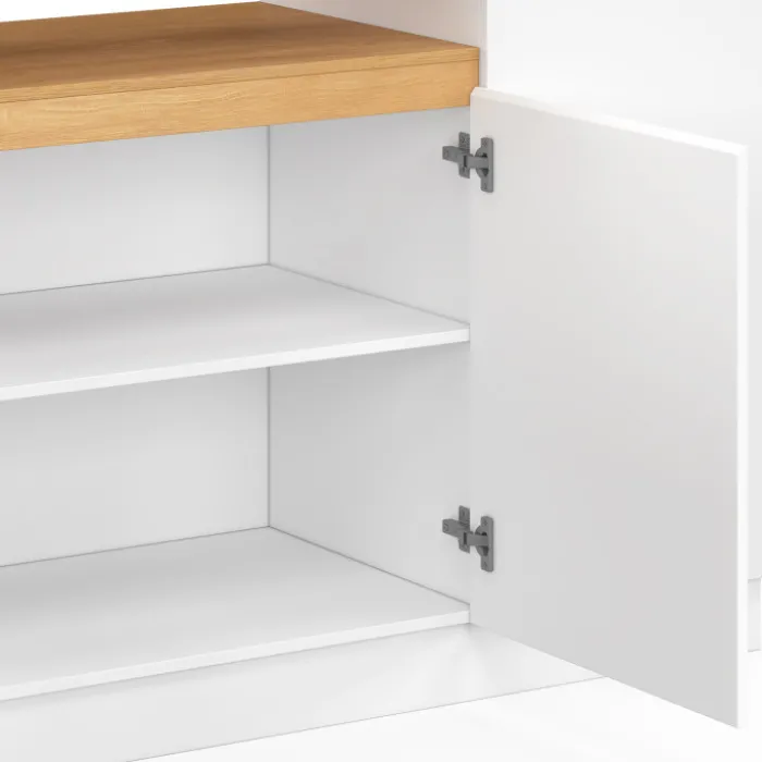 Buffet 160 cm 4 portes avec niche centrale blanc et plateau effet bois