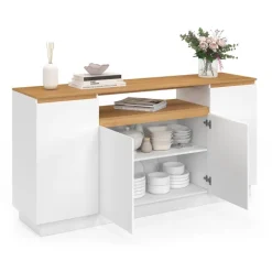 Buffet 160 cm 4 portes avec niche centrale blanc et plateau effet bois