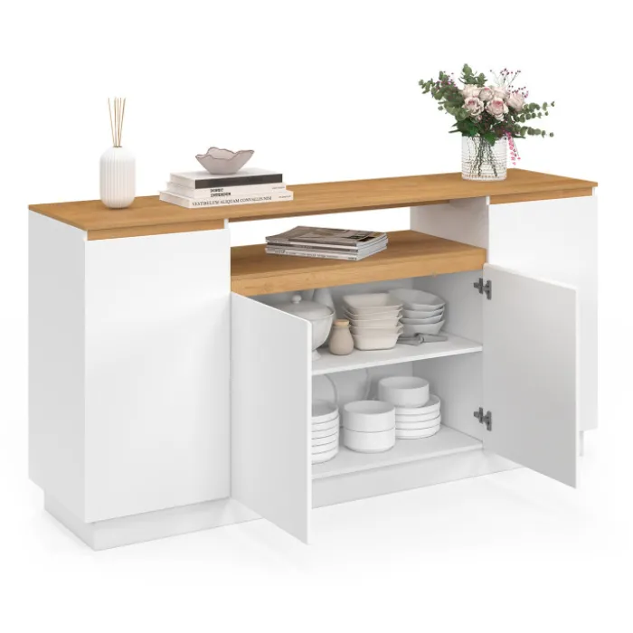 Buffet 160 cm 4 portes avec niche centrale blanc et plateau effet bois