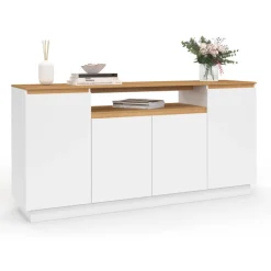 Buffet 160 cm 4 portes avec niche centrale blanc et plateau effet bois