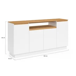 Buffet 160 cm 4 portes avec niche centrale blanc et plateau effet bois