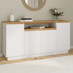 Buffet 160 cm 4 portes avec niche centrale blanc et plateau effet bois