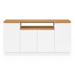 Buffet 160 cm 4 portes avec niche centrale blanc et plateau effet bois