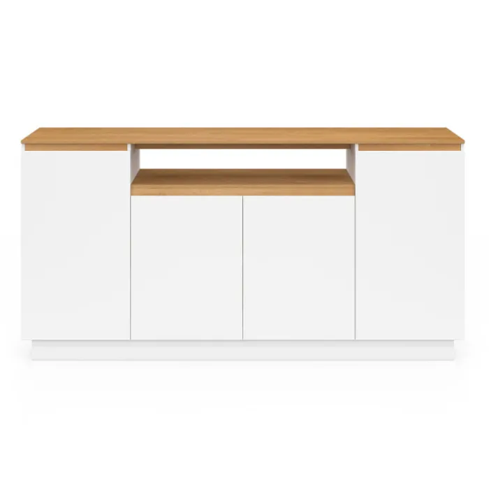 Buffet 160 cm 4 portes avec niche centrale blanc et plateau effet bois