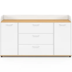 Buffet 140 cm 4 portes avec rebord blanc et plateau bois façon hêtre