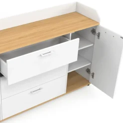 Buffet 140 cm 4 portes avec rebord blanc et plateau bois façon hêtre