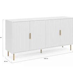 Buffet 160 cm 4 portes blanc effet lattes et finitions dorées