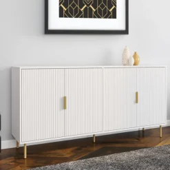 Buffet 160 cm 4 portes blanc effet lattes et finitions dorées