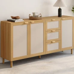 Buffet 160 cm 4 portes bois et effet lin