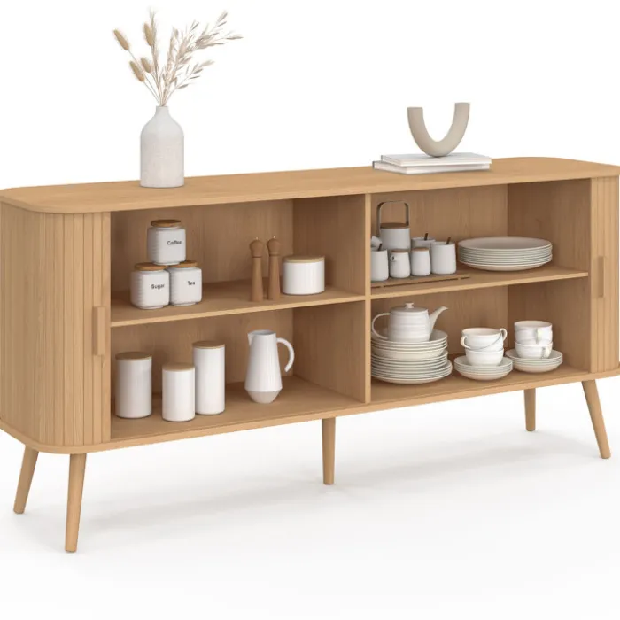 Buffet 160 cm 2 portes coulissantes lattes tasseau bois coloris chêne