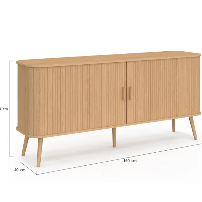 Buffet 160 cm 2 portes coulissantes lattes tasseau bois coloris chêne