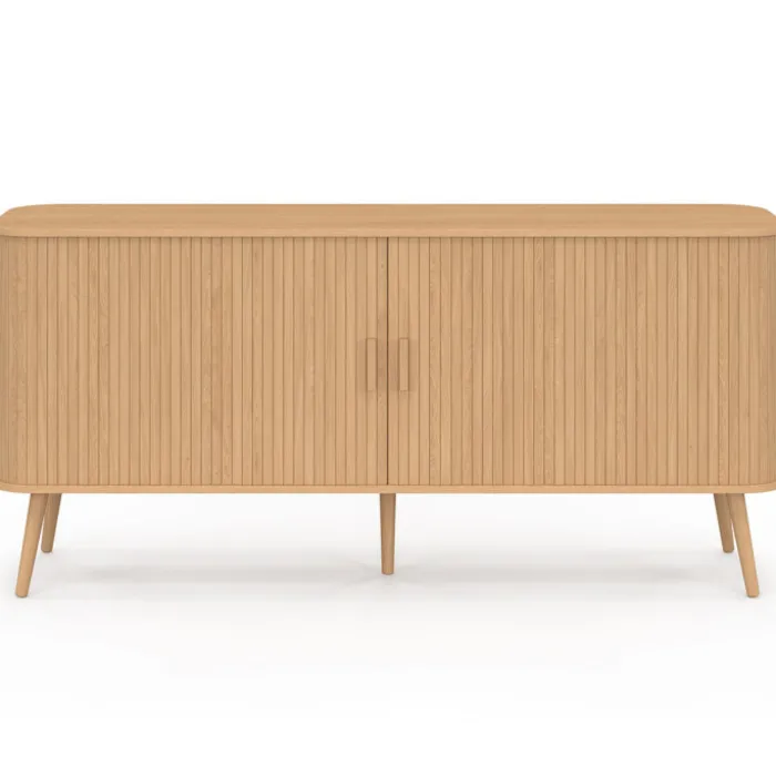 Buffet 160 cm 2 portes coulissantes lattes tasseau bois coloris chêne