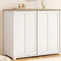 Buffet 100 cm 2 portes coulissantes blanc plateau façon bois
