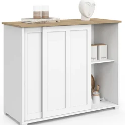 Buffet 100 cm 2 portes coulissantes blanc plateau façon bois