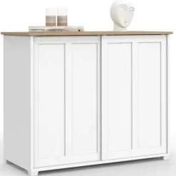 Buffet 100 cm 2 portes coulissantes blanc plateau façon bois