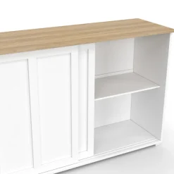 Buffet 160 cm 3 portes coulissantes blanc et plateau bois