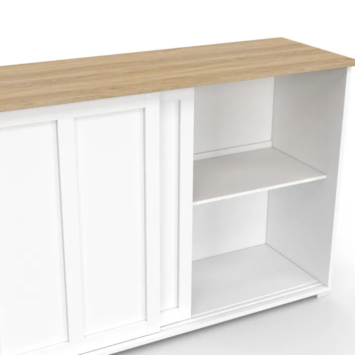 Buffet 160 cm 3 portes coulissantes blanc et plateau bois