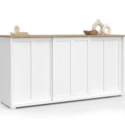 Buffet 160 cm 3 portes coulissantes blanc et plateau bois