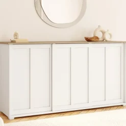 Buffet 160 cm 3 portes coulissantes blanc et plateau bois