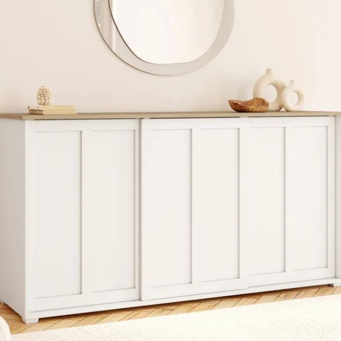 Buffet 160 cm 3 portes coulissantes blanc et plateau bois