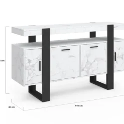 Buffet 140 cm 4 portes effet marbre blanc et noir