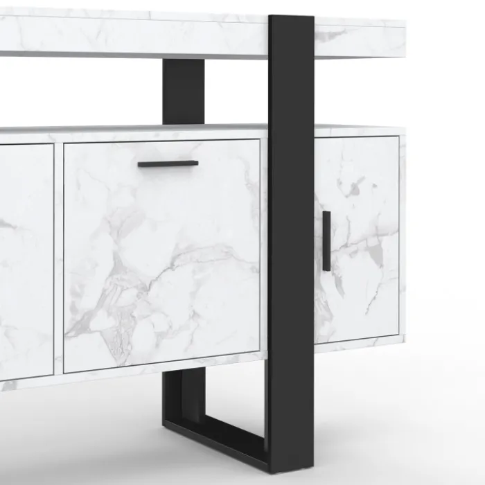 Buffet 140 cm 4 portes effet marbre blanc et noir