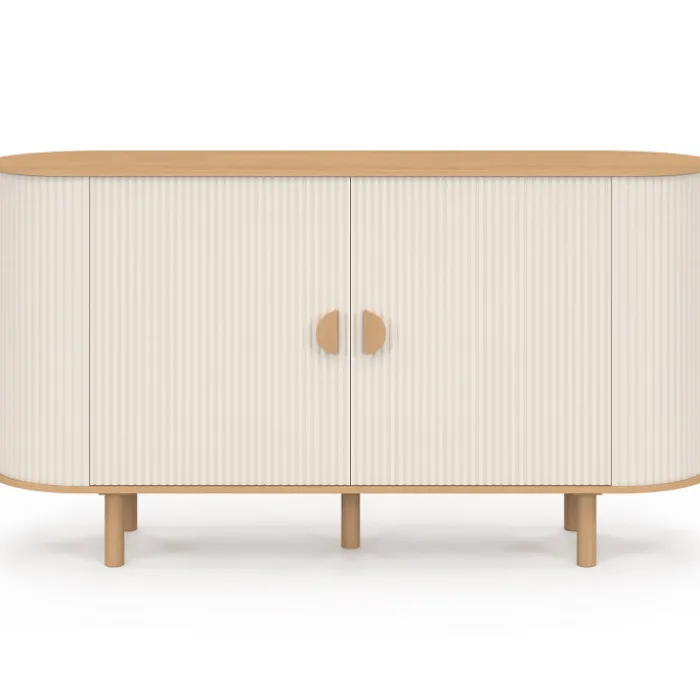 Buffet 140 cm 2 portes effet cannelé beige et bois