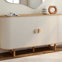 Buffet 140 cm 2 portes effet cannelé beige et bois