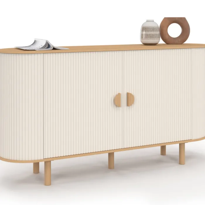 Buffet 140 cm 2 portes effet cannelé beige et bois