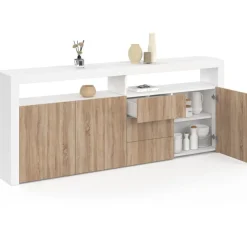 Buffet 180 cm 3 portes et 3 tiroirs avec et niches blanc et bois façon hêtre