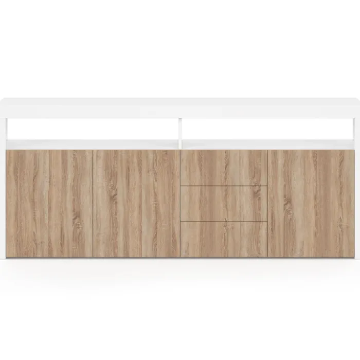 Buffet 180 cm 3 portes et 3 tiroirs avec et niches blanc et bois façon hêtre