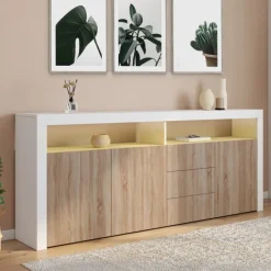 Buffet 180 cm 3 portes et 3 tiroirs avec et niches blanc et bois façon hêtre