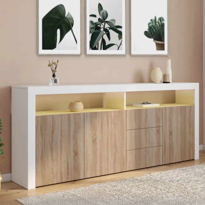 Buffet 180 cm 3 portes et 3 tiroirs avec et niches blanc et bois façon hêtre