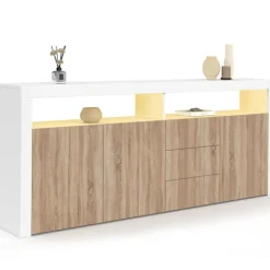 Buffet 180 cm 3 portes et 3 tiroirs avec et niches blanc et bois façon hêtre