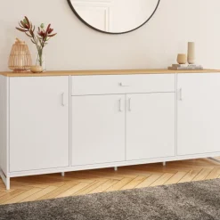 Buffet 180 cm 4 portes et 1 tiroir bois et blanc